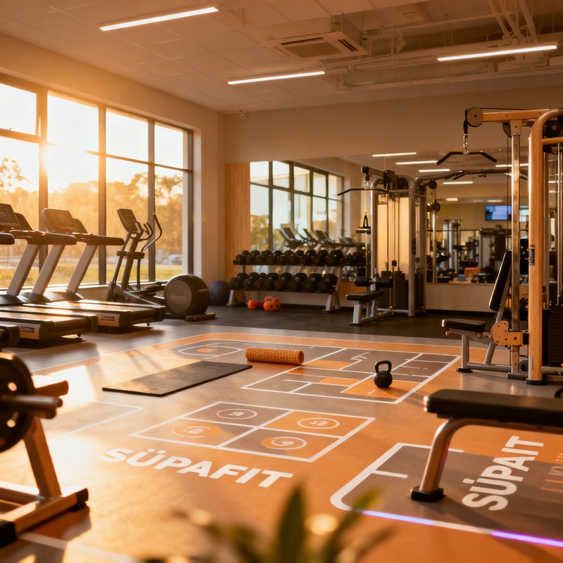 Gym floor layout diagram showing different equipment zones - cardio area, free weights section, machine circuit, and stretching zone, with beginner-friendly equipment highlighted in neon green