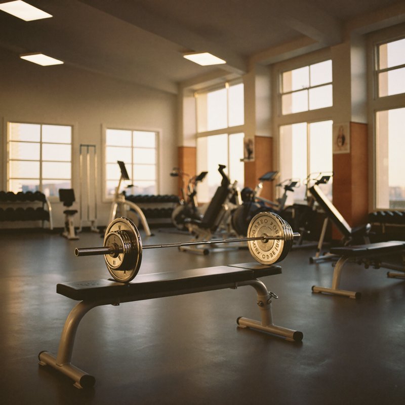 A chalked hand gripping a knurled barbell with weight plates blurred behind it