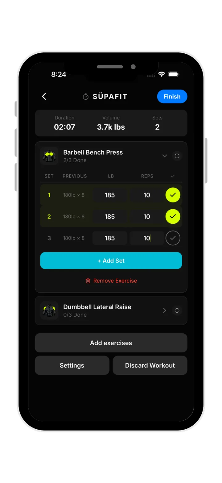 Set and rep logging screen
