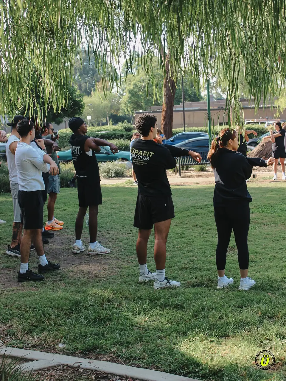 Warmup stretches on the grass under a willow tree before the run